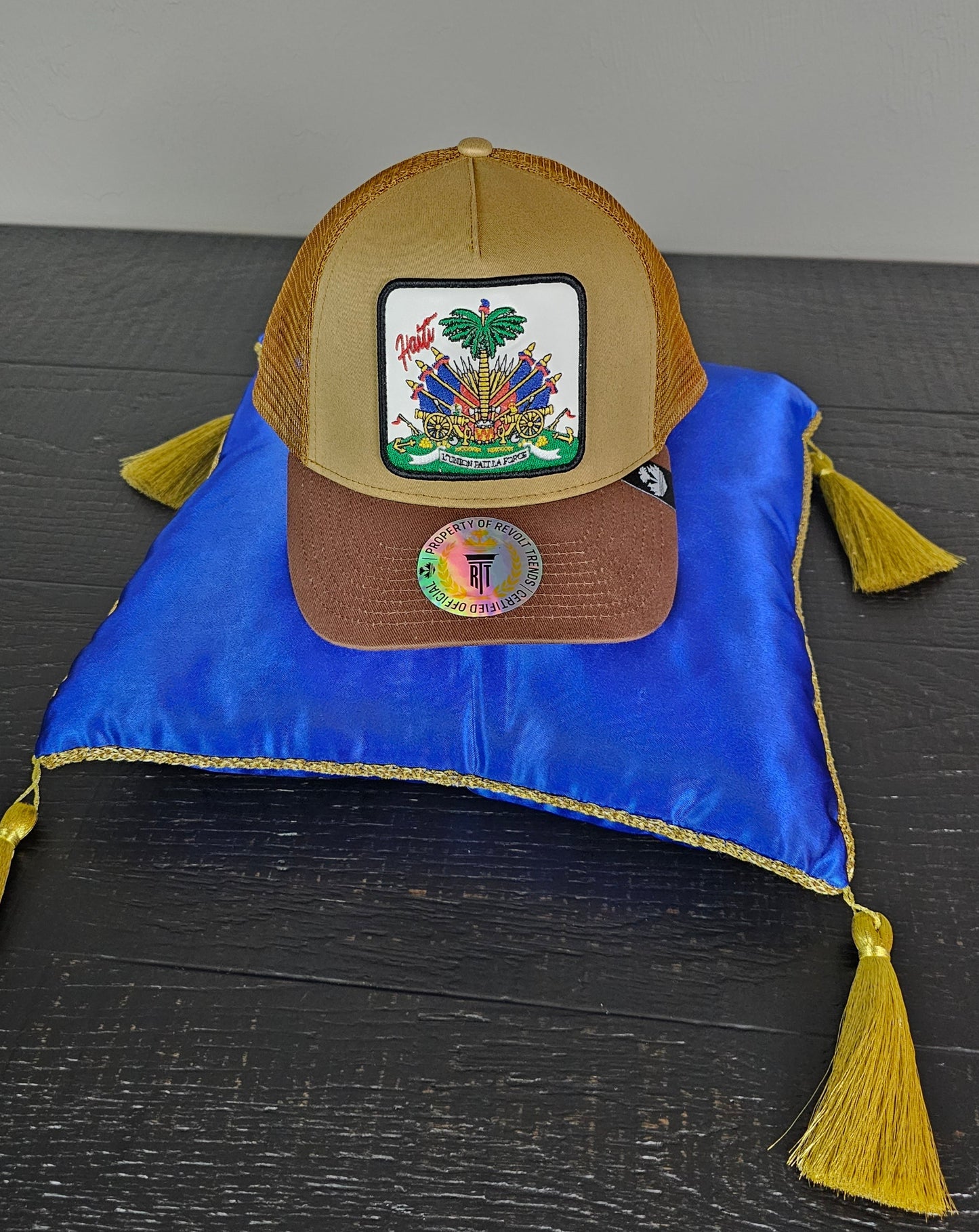 2 Tone Brown Haitian Crest Adjustable Mesh Snapback Hat