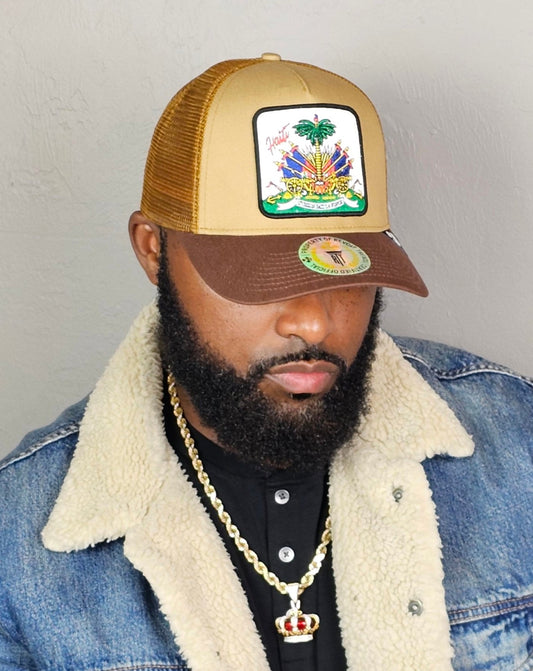2 Tone Brown Haitian Crest Adjustable Mesh Snapback Hat