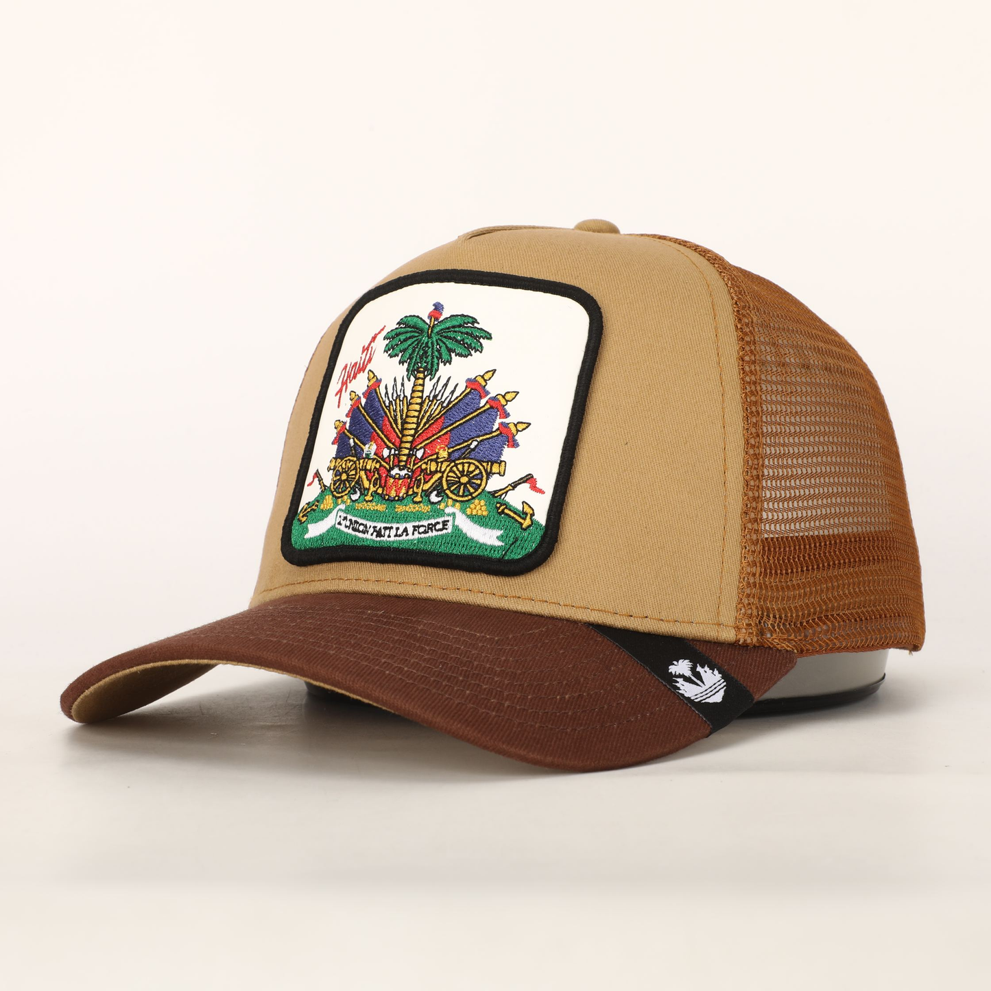 2 Tone Brown Haitian Crest Adjustable Mesh Snapback Hat